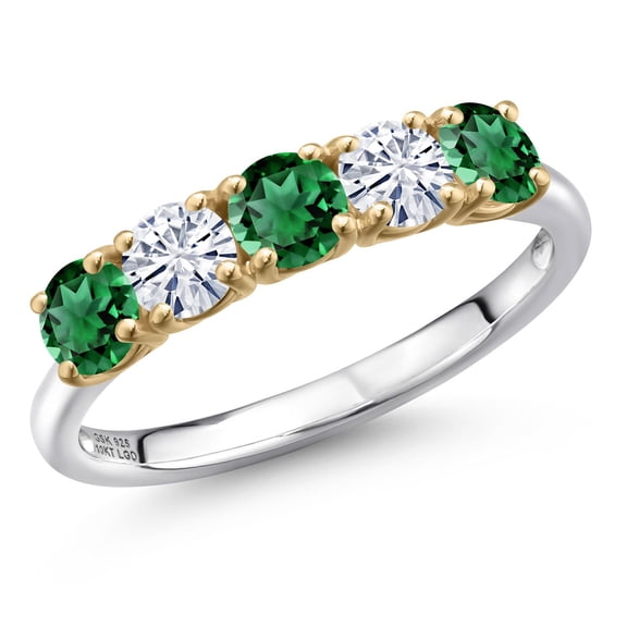 Gem Stone King 925 Silver and 10K Yellow Gold Green Nano Emerald and White Moissanite Wedding-Bands Ring for Women | 1.36 Cttw | Round 4MM | Gemstone May Birthstone | Size 7