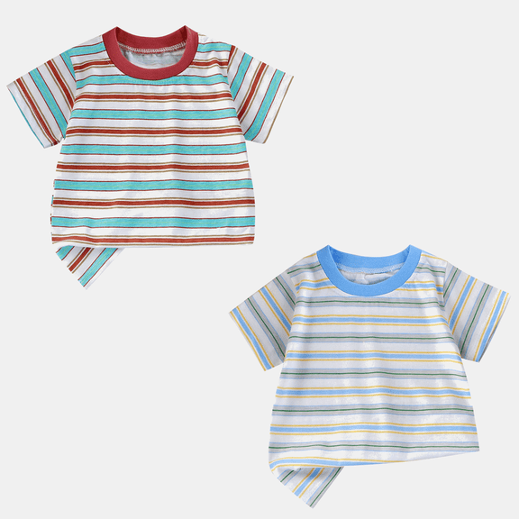 hoksml Toddler Boys and Girls Striped Short Sleeve T-Shirts Contrast Crew Neck Cotton Tees Casual Summer Tops Multi Color Options for Daily Wear
