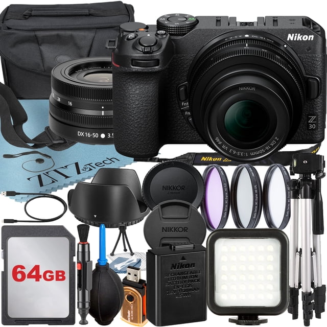 Nikon Z30 Mirrorless Camera with NIKKOR Z DX 16-50mm VR Zoom Lens + 64GB Card + Case + 3 Pieces Filter + Flash + ZeeTech Accessory Bundle