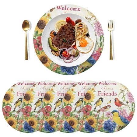 

joogoo Birds Sunflowers Butterfly Round Plate Mats for Dining Table Placemat Set of 6 Holiday Decoration