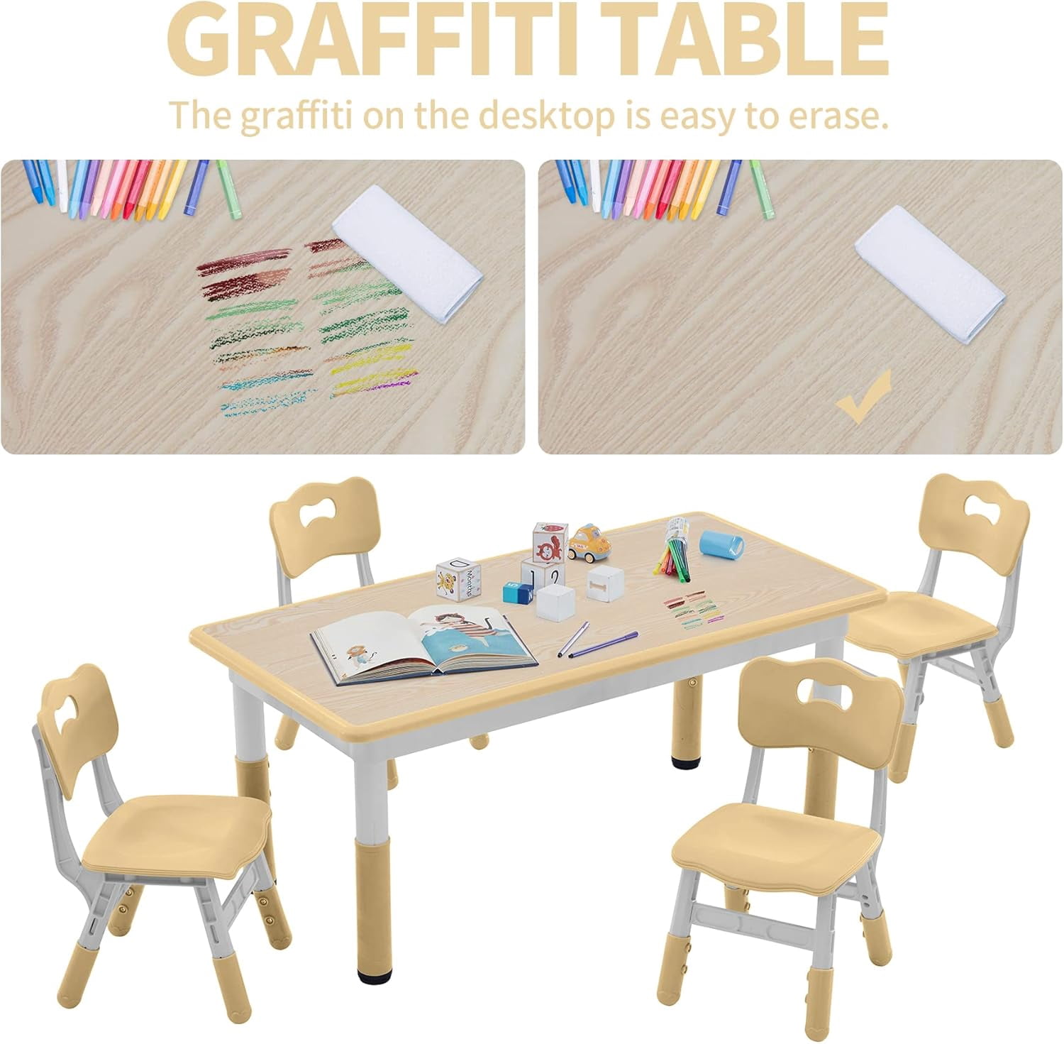 AINUO Toddler Table and Chairs Set of 4, 47.2"L x 23.6"W Height Adjustable Kids Study Activity Table with Graffiti Desktop, Ideal for Home, Daycare, Classroom