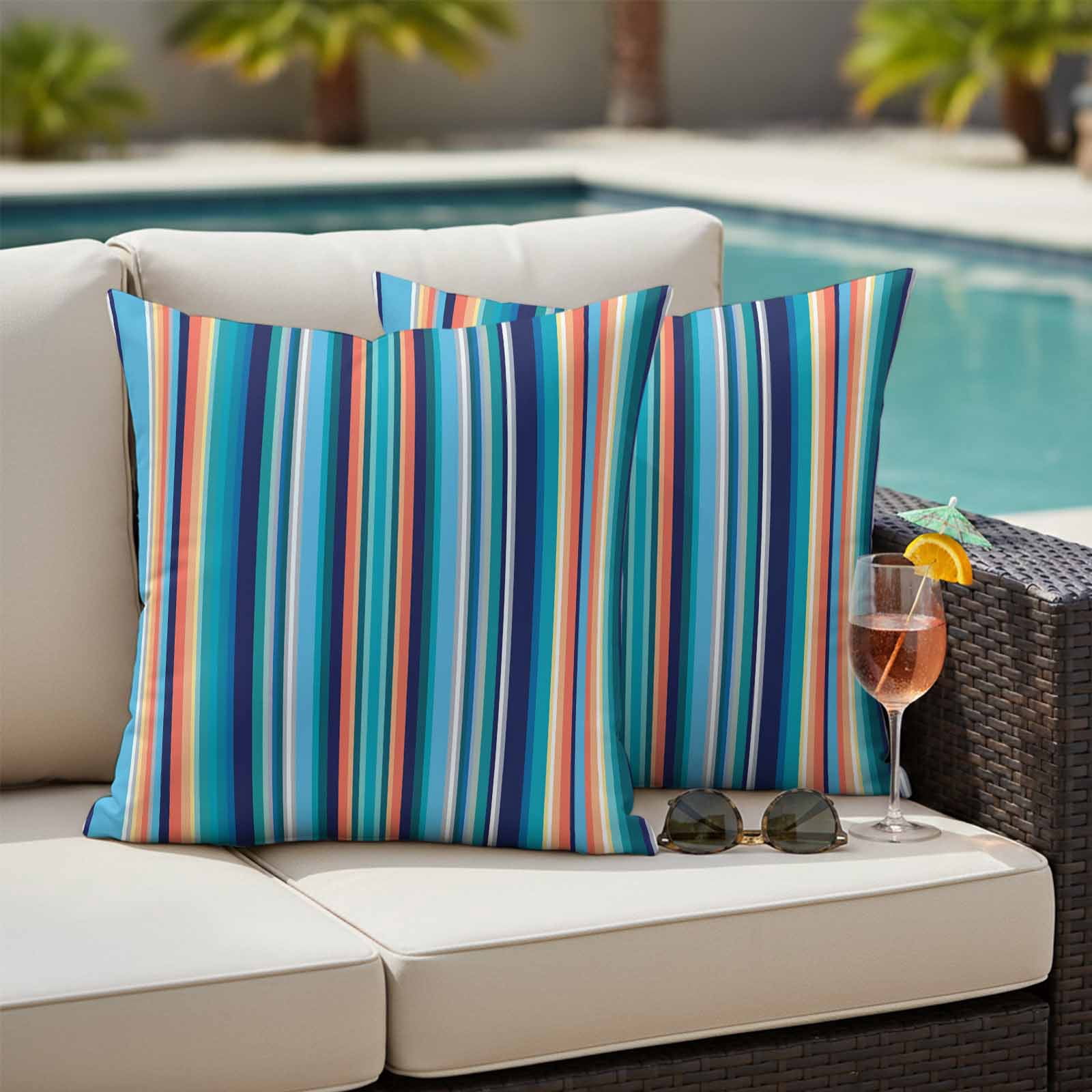 Mexican Style Outdoor Waterproof Throw Pillow Covers 18x18 Set of 2, Colorful Mexico Stripes Light Blue Decorative Pillowcases Cushion Pillowcase for Couch Sofa Patio Outside Pillow Protector