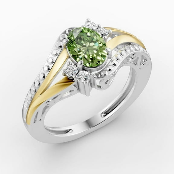 OMRE 925 Silver and 10K Yellow Gold Genuine Peridot Birthstone Ring For Women