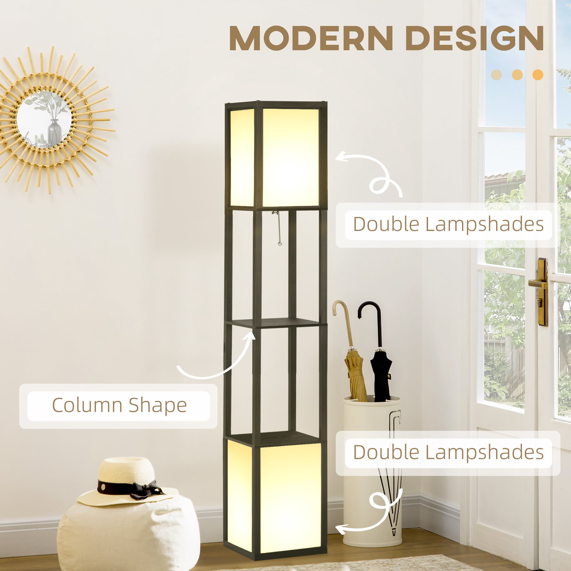 Living Room Light HOMCOM Modern Floor Lamp with Shelves & Dual Ambient Lighting, Tall Standing Lamp for Living Room, Bedroom with Fabric Lampshade (Bulb not Included), Black,Living Room Ceiling Ligh
