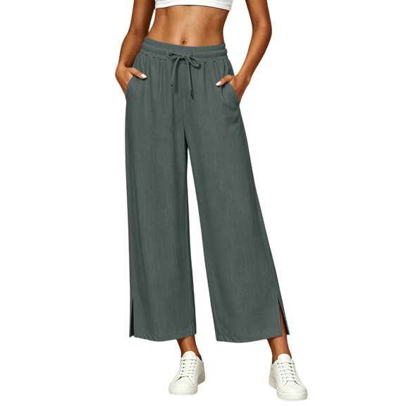 Luvrsol Flowy Pants for Women Plus Size Wide Leg High Waist Breathable Casual Slacks with Side Pockets S-2XL