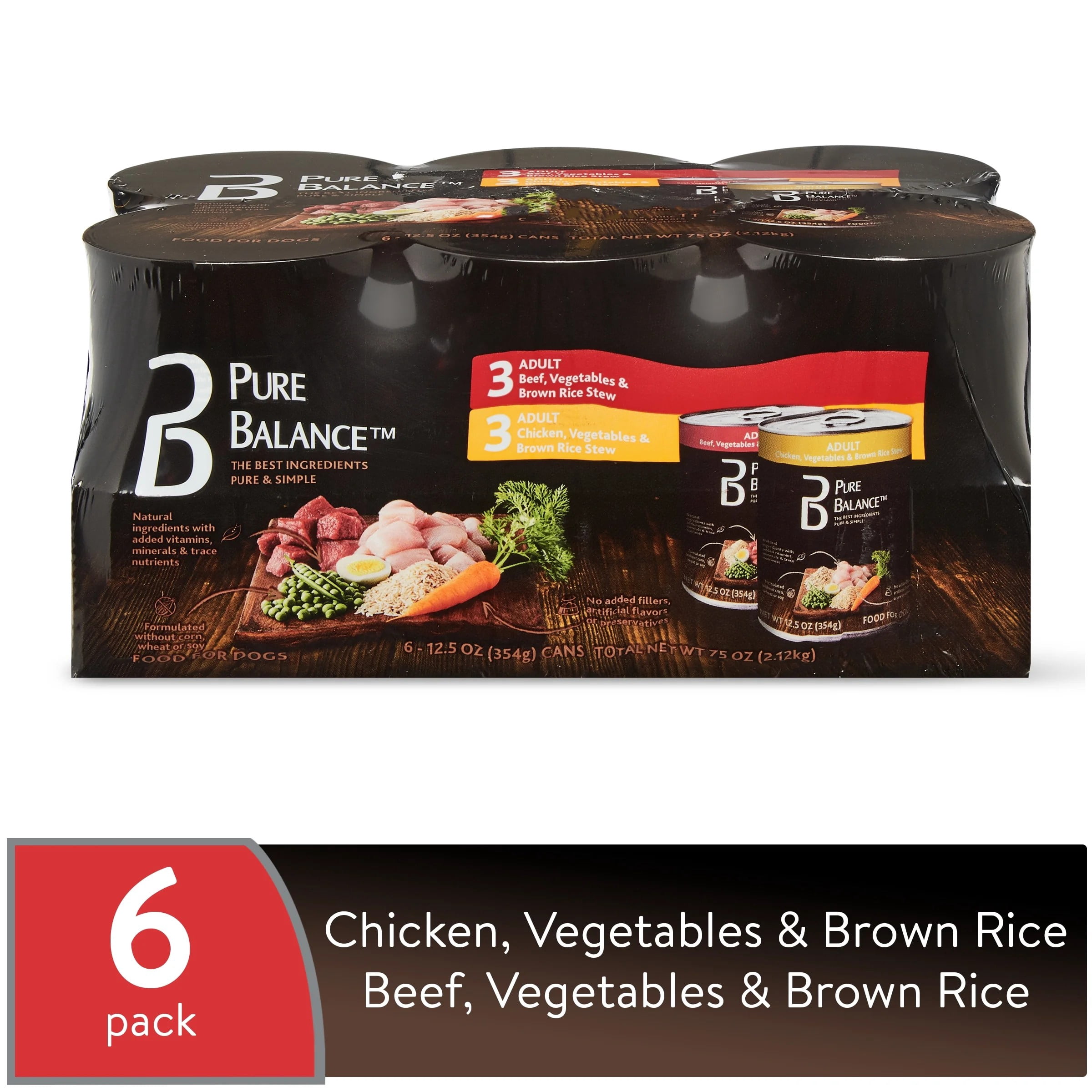 Pure Balance Adult Variety Wet Food Recipe Pack, Beef and Chicken with Vegetables, 12.5 oz, 6 Pack