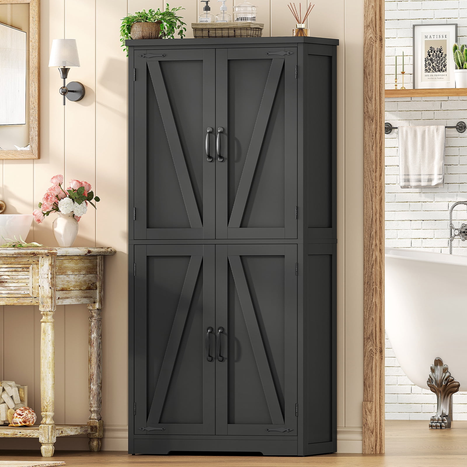 58.27” Kitchen Pantry Cabinets With 4 Doors, Storage Cabinets, Cupboard, Tall Bathroom Cabinets For Dinning Room, Living Room, Black