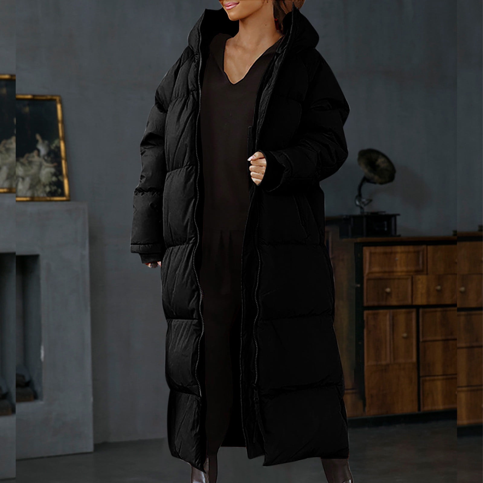 Aboser Womens Long Puffer Jackets Winter Thick Parkas Solid Full Zip Quilted Coat Coldproof Warm Hooded Jacket Coat with Pockets
