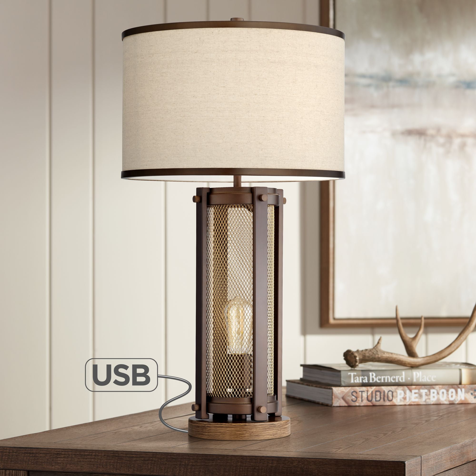 Franklin Iron Works Farmhouse Table Lamp with USB and Nightlight LED