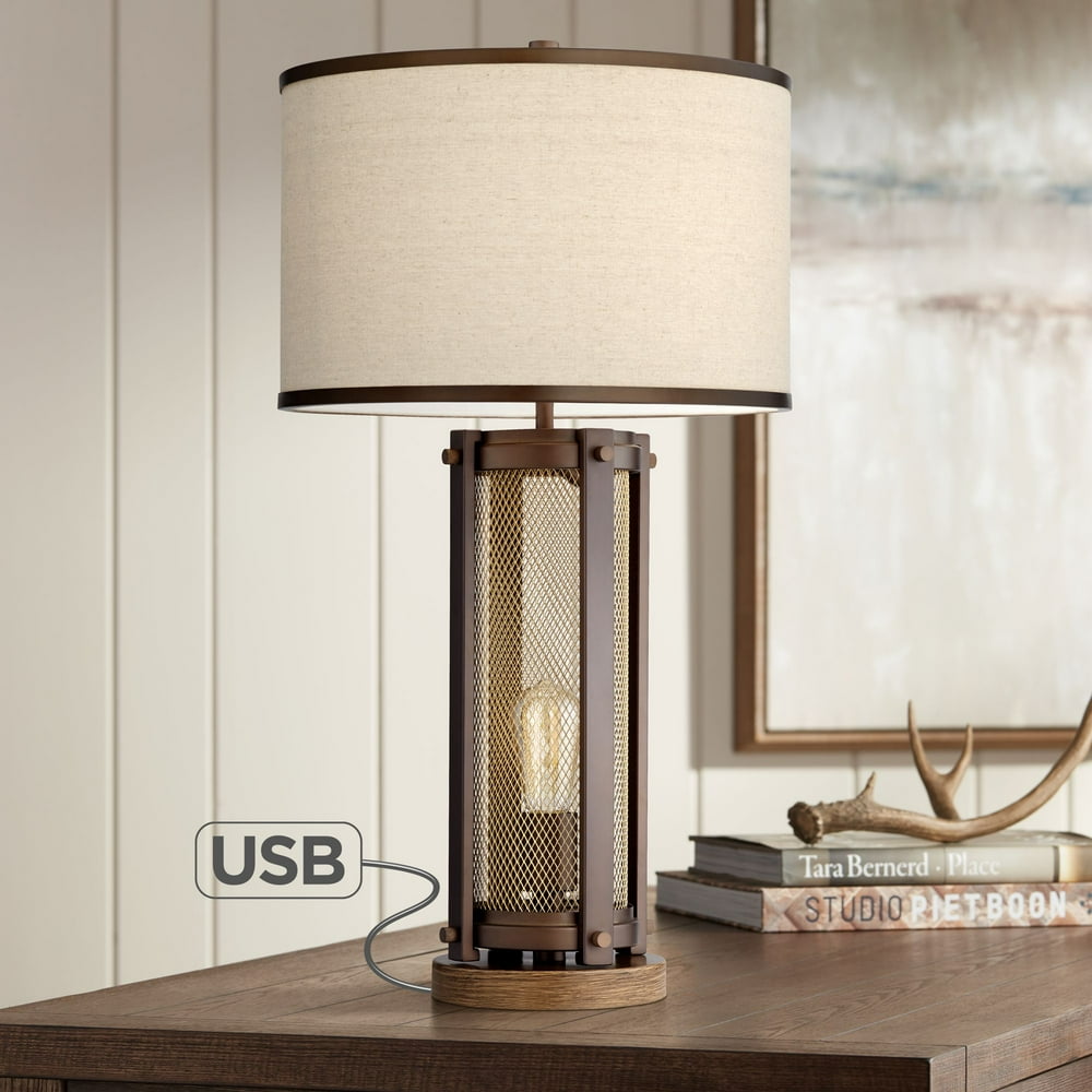 Franklin Iron Works Farmhouse Table Lamp with USB and Nightlight LED