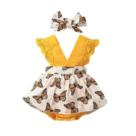 

Suanret Newborn Baby Girls 2Pcs Outfits Butterfly Print Deep V-Neck Ruffled Bodysuit Dress + Bow Headband Clothes Yellow 9-12 Months