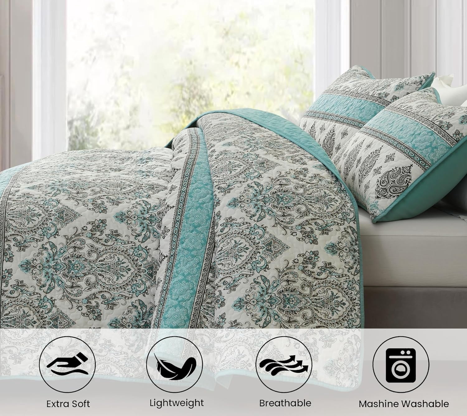 Chezmoi Collection Herald 3-Piece Printed Quilt Set, Aqua Blue Black White Boho Damask Coverlet, Pre-Washed Microfiber Lightweight Bedspread for All Seasons, King Size