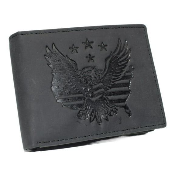 MARSHAL Mens RFID Blocking Vintage Leather Patriotic Eagle & USA Flag Debossed Bifold Wallet Black