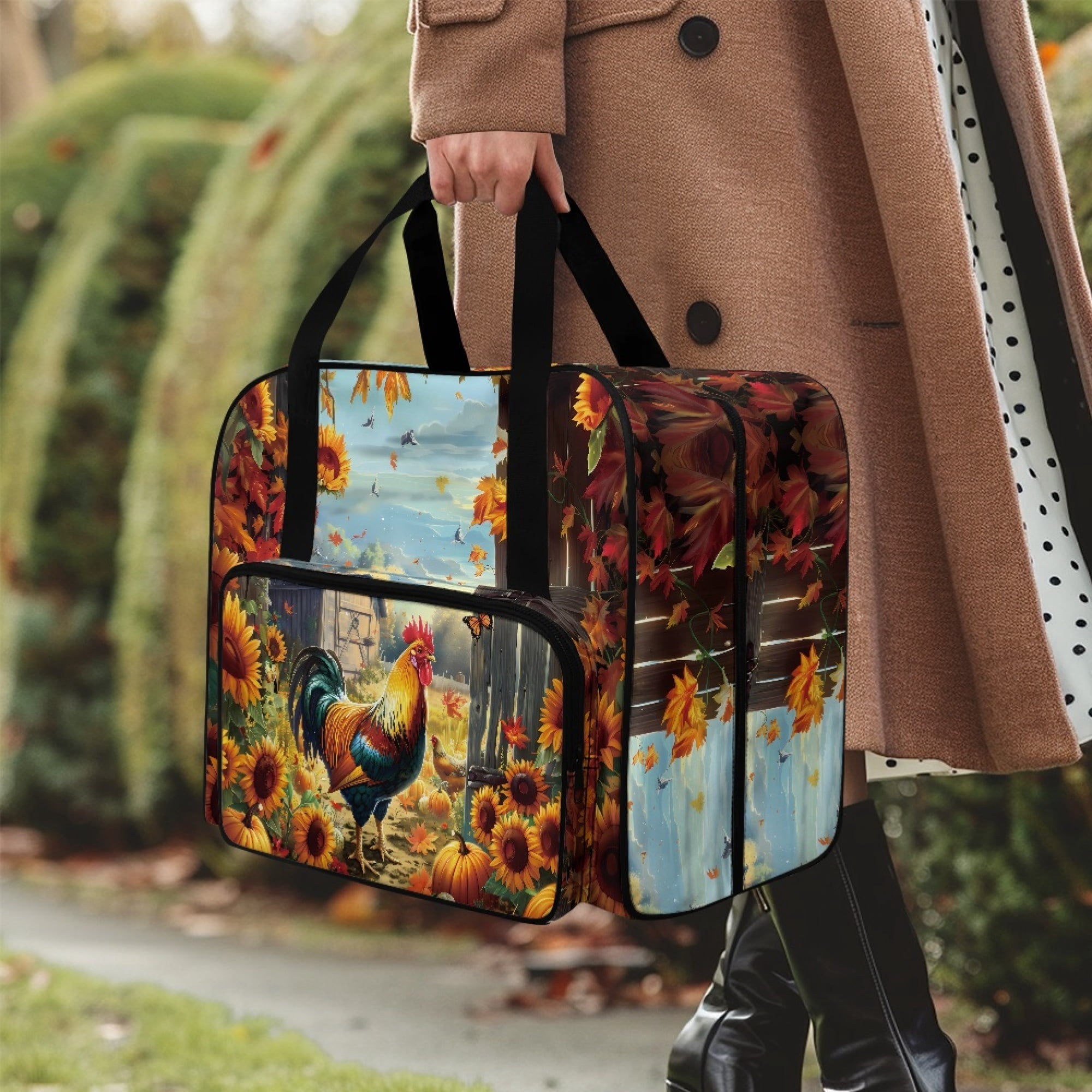 ZIATUBLE Cock Sunflower Portable Carrying Totes Pumpkin Traveling Bag with Zipper Carry Case with Storage Pockets and Handles with Storage Pocket Portable Sewing Machine Handbag