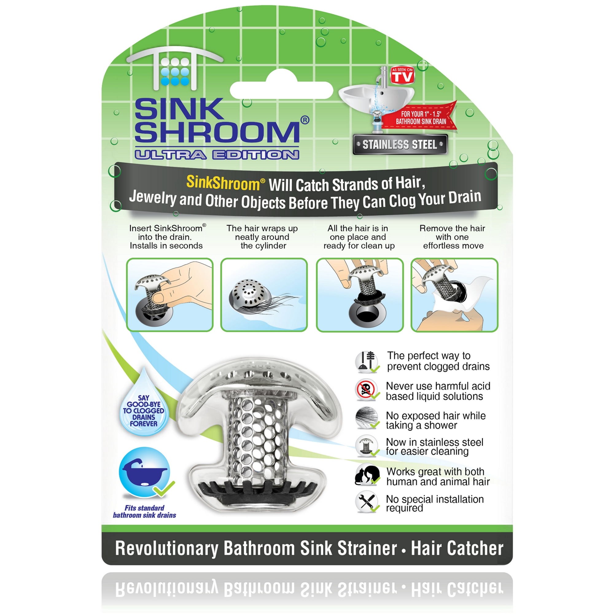 SinkShroom Ultra Revolutionary Bathroom Sink Drain Protector, Stainless