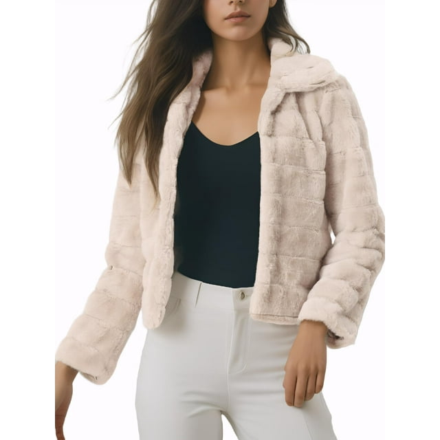 INSPIRE CHIC Veste Courte en Fausse Fourrure pour Femmes, Col Rabattu, Ouverte devant, TP Kaki Clair
