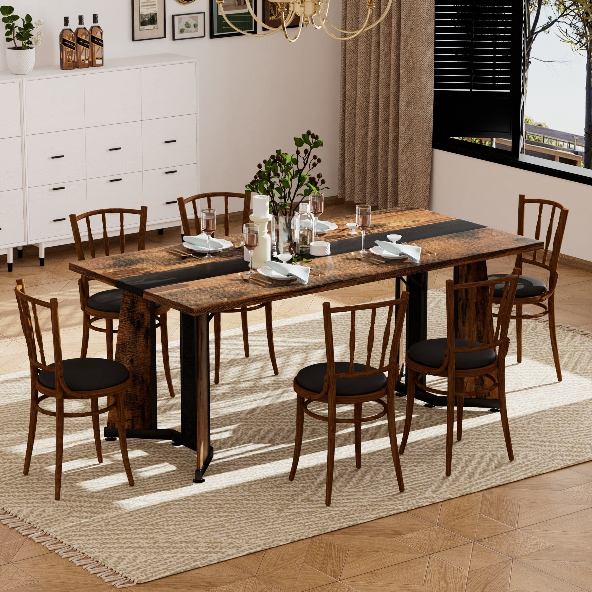 71" Large Rectangular Dining Table for 6-8 People,Marble Grain Waterproof Large Desk,Dining Table with Adjustable Legs for Kitchen,Living Room,Office,Rustic Brown