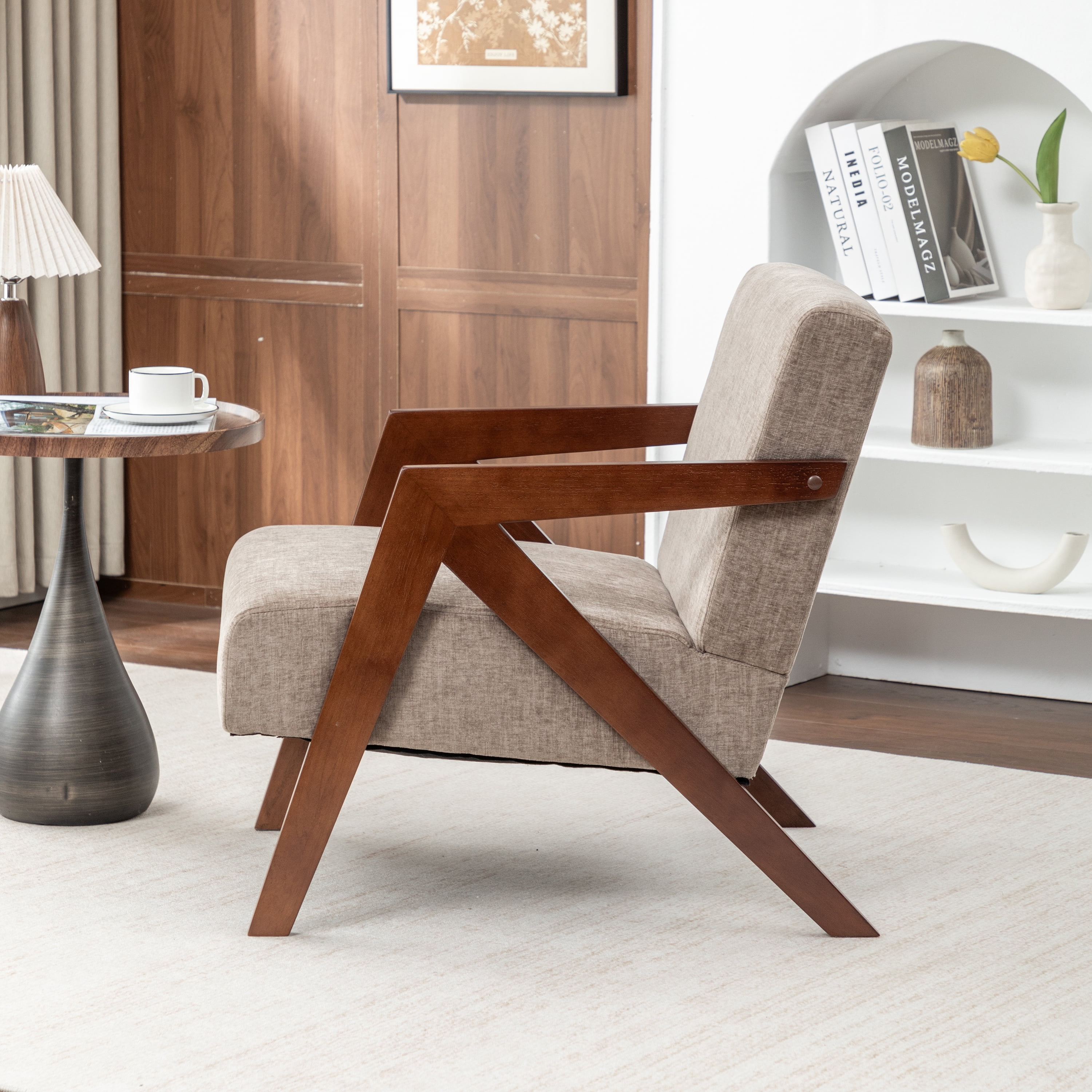 Leumius Mid Century Modern Accent Chair,Upholstered Reading Armchair with Solid Wood Frame,Accent Chair for Living Room Bedroom Apartment, Easy Assembly,Light Coffee