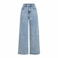 thumbnail image 3 of Women's High Waist Straight Leg Jeans, Faux Rhinestone Embellished Denim Pants, Loose Fit Casual Jeans for Daily Wear, Street Style and Plus Size Outfits Light Blue S, 3 of 5