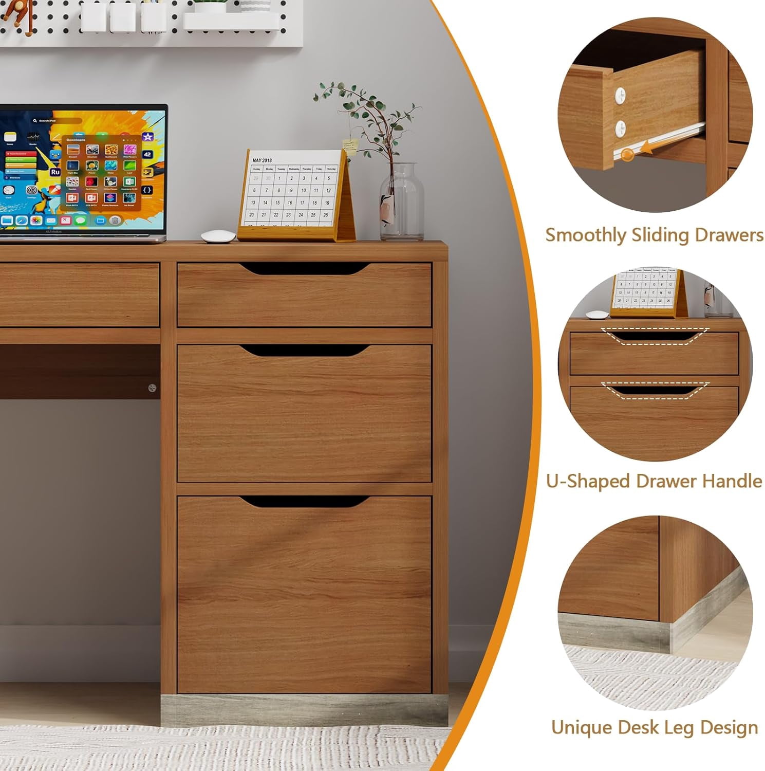 DreamCurship 52 Inch Computer Desk with 4 Storage Drawers,Home Office Desk with Storage for Small Space，Writing Desk with File Cabinet, Brown