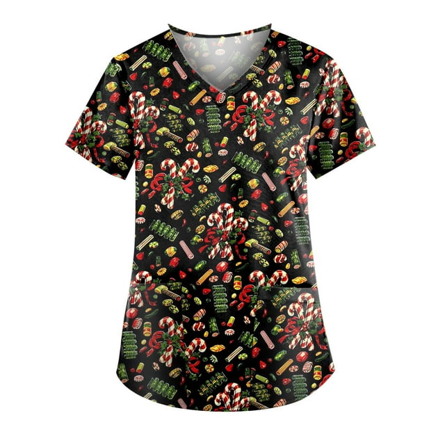 TIMIFIS Blouse d'Uniforme Imprimée de Noël, Manches Courtes, Col en V, avec Poches - Vert Armée/hiver