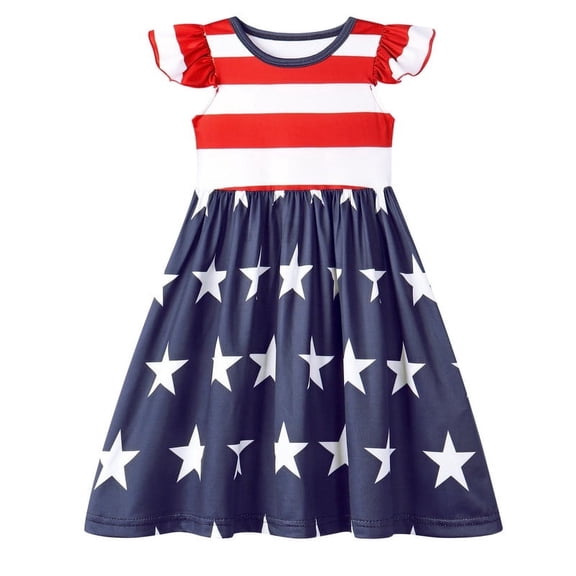 Benylion Girls 4th of July Girls Dress Independence Day Dresses American Flag Striped Flutter Sleeve Sundress Patriotic Outfits for 7-8 Years