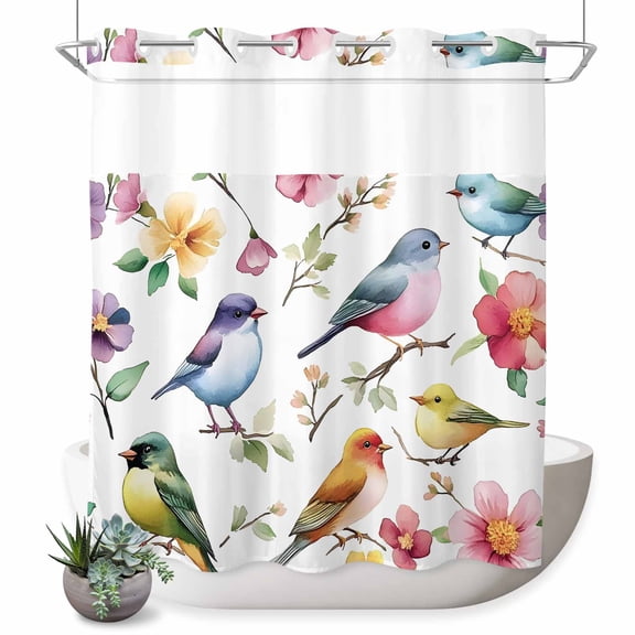 No Hook Shower Curtain with Built-in Rings - Watercolor Flowers And Birds Washable Waterproof Fabric Bathroom Curtains for Hotel,Rentals, 72 X 78 Inch Long , Pastel Floral Print