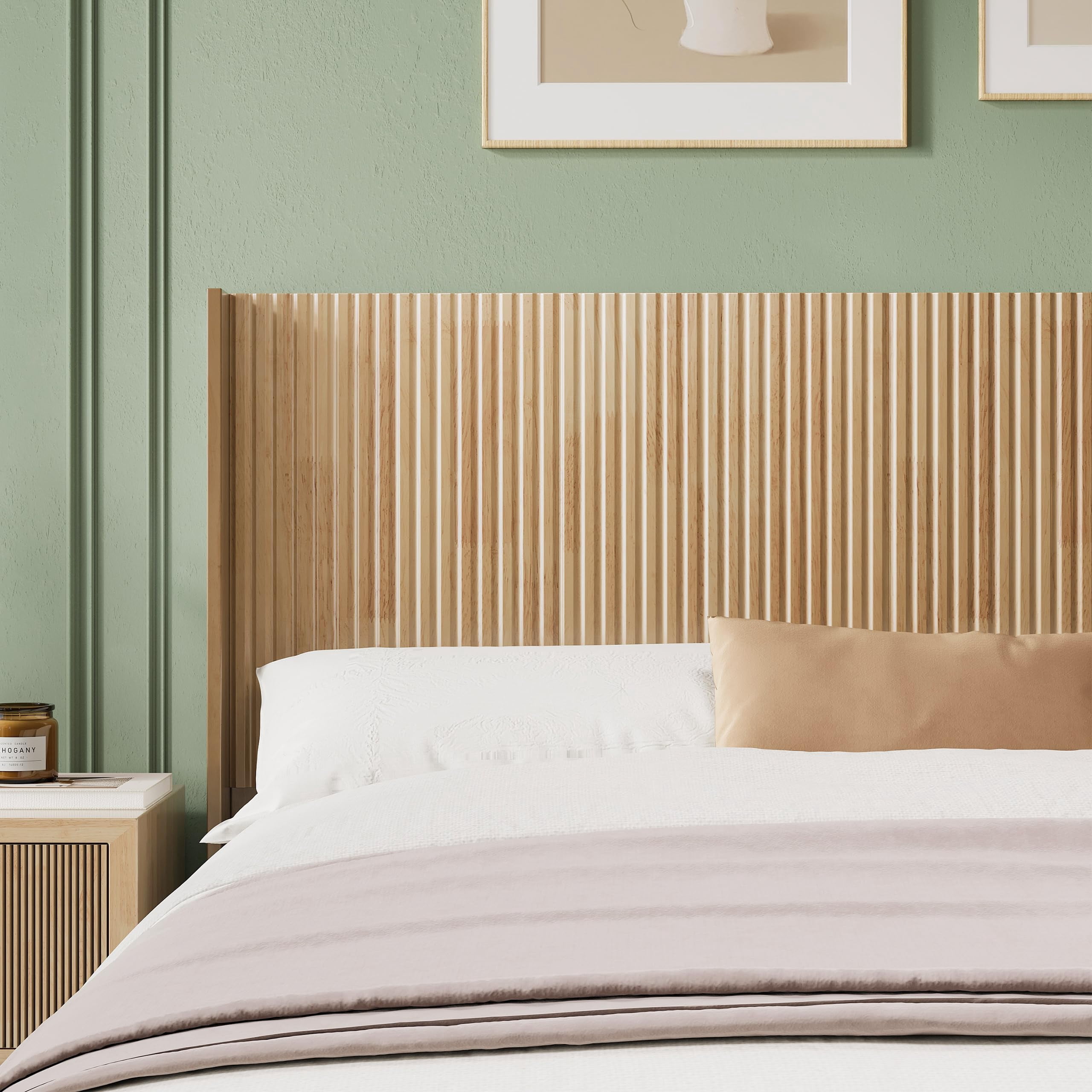 Huatean Home Wood Headboard Queen Size, Modern Farmhouse Wall Mounted Fluted Panel, Wingback Boho Headboards, Natural