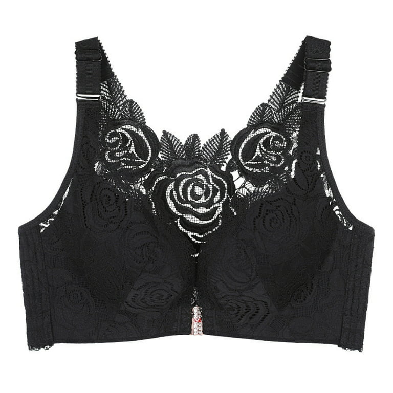 Women's Front Closure Thin Cup Bra Sexy Flower Lace Embroidery Back Push Up  Wirefree Adjustable Bralette Plus Size