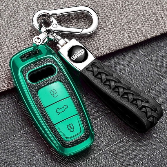 Key Fob Cover Compatible with Fit for Audi A6 A6L A7 A8 Q8 E-Tron 2018-up, Full Protection Soft TPU Key Holder Leather Key Case Remote Protection Shell Keychain Case Holder Protector,Green