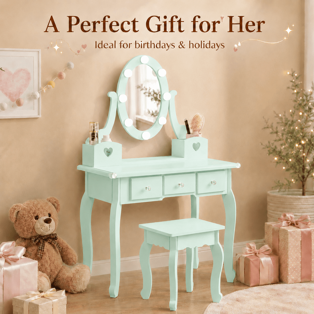 Ktaxon Kids Play Makeup Vanity Set with 3-Color Light, Girls Vanity Dresser Desk with Matching Stool, Light Green