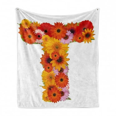 Letter T Soft Flannel Fleece Blanket, T Shaped Floral Arrangement with Summer Themed Daisies Plant Design Warm Weather, Cozy Plush for Indoor and Outdoor Use, 50" x 60", Multicolor, by Ambesonne