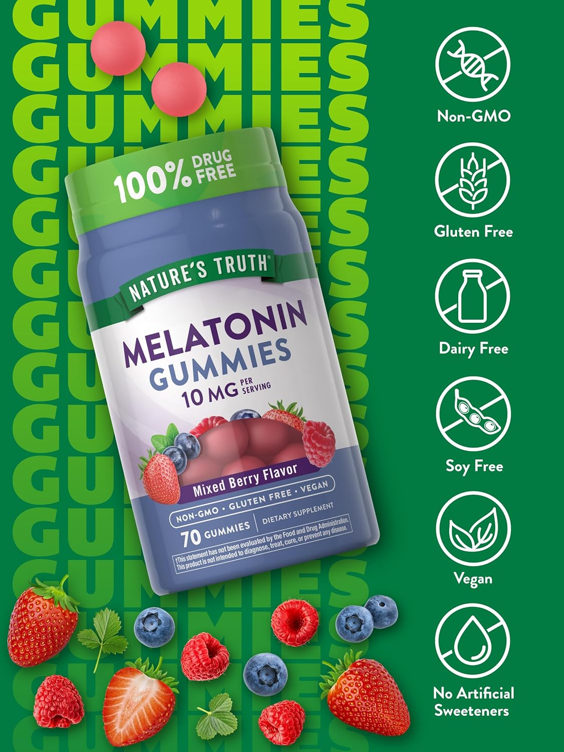 Melatonin Gummies 10mg | 70 Count | Berry Flavor | For Men and Women | by Nature's Truth