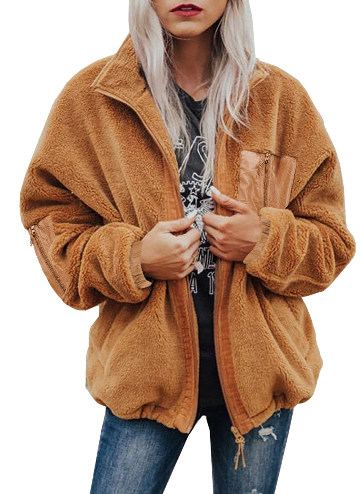 Solid Color Shaggy Faux Fur Cropped Coat Jacket for Women Winter Warm Lapel Fox Fleece Overcoat Outwear with Pockets 