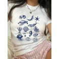 thumbnail image 1 of Women'S Vintage Sea Life Print T-Shirt, 100% Polyester Crew Neck, Geometric Pattern, Regular Length, Summer Knit Fabric Top, 200g/m², 1 of 7