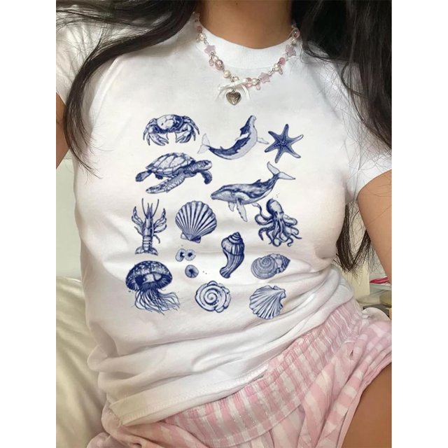 Women'S Vintage Sea Life Print T-Shirt, 100% Polyester Crew Neck, Geometric Pattern, Regular Length, Summer Knit Fabric Top, 200g/m²