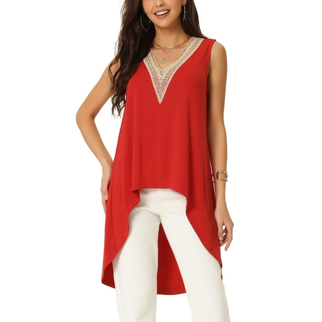 INSPIRE CHIC Women's High Low Asymmetrical Tops Sleeveless V Neck Irregular Hem Flowy Blouse Tops Red M