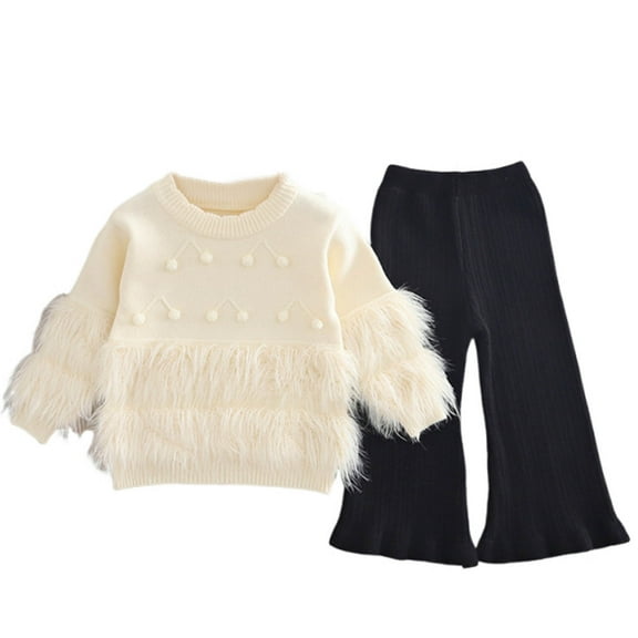 IVEYRTF Girls Solid Color Fringe Knit Sweater and Pants Set Fall Winter Casual 2 Piece Outfit Fashion Comfortable Set for Children 1-8 Years(Beige#2,2-3 Years)