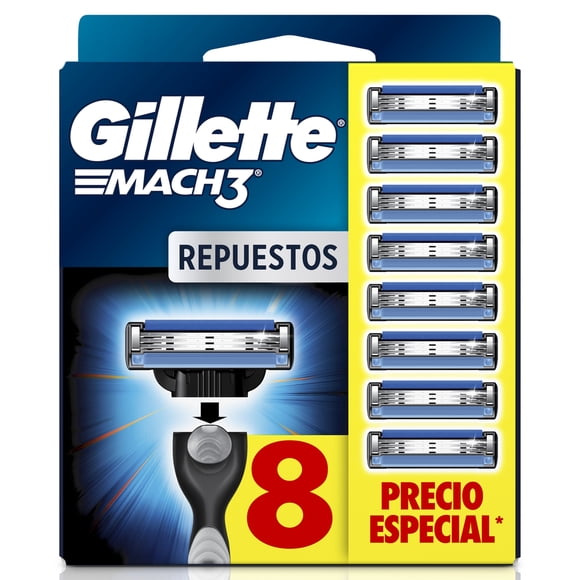 Cartucho de Rastrillo Gillette Mach3 con 3 Hojas para Rasurar al Ras, 8 pzas