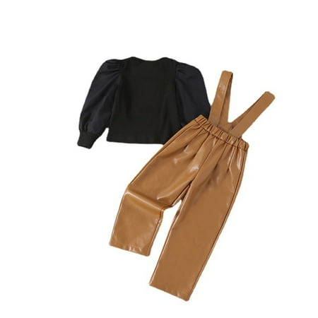 

Lovskoo Boys and Girls Three Piece Outfits Knit Bubble Long Sleeve Top + Leather Strappy Pants + Hat for Ages 3-8 Years Old Brown