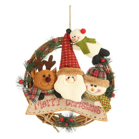 Small Front Door Wreath Rattan Christmas Wreath With 4 Plush Dolls Front Door Garland Holiday Hanging Pendant Ornaments For Home Kitchen Wall Window ()
