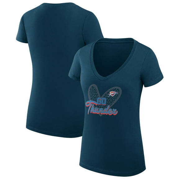 Women's G-III 4Her by Carl Banks Navy Oklahoma City Thunder Super-Slim Fit Lightweight Leopard Heart V-Neck T-Shirt
