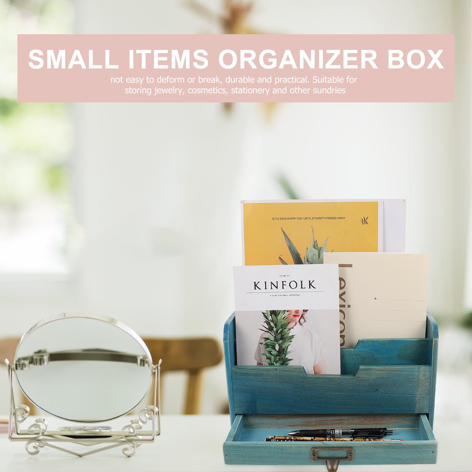 Desktop Storage Box Rustic Organizer Farmhouse Drawers Blue