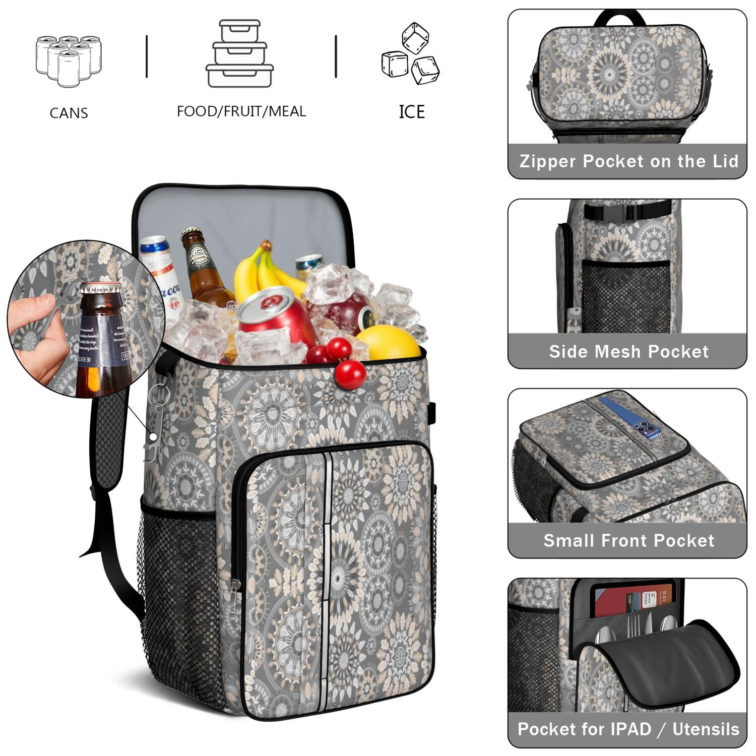 Travel Cooler Bag - Boho Bohemia Flower Camping Beer Cooler Backpack with Bottle Opener- Waterproof Insulated Picnic Backpacks - Cooler Bag for Beach
