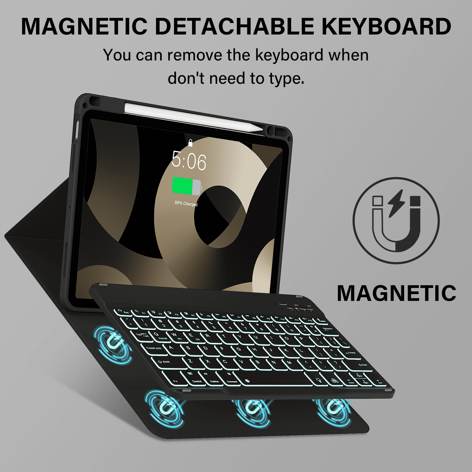 Kenke Keyboard Case for iPad Air 11-inch M3/M2 (2025/2024), iPad Air 5th/4th Generation (2022/2020) - with Pencil Holder,7 Colors Backlit Keyboard,Wireless Detachable Keyboard Cover,(Black)