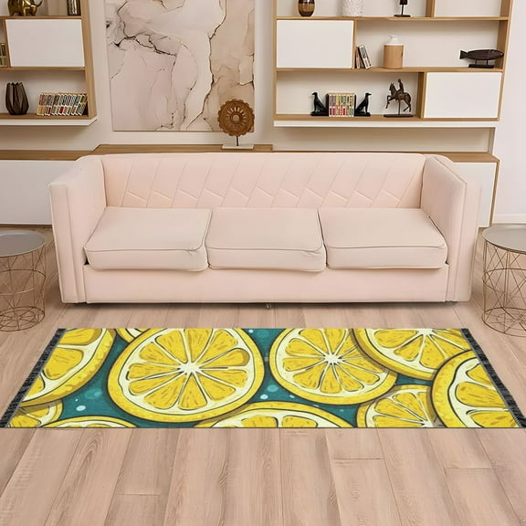 Yellow Lemon Slice Runner Rug Non-Slip Area Rugs Linen Washable Non Shedding for Kitchen Bedroom Carpet