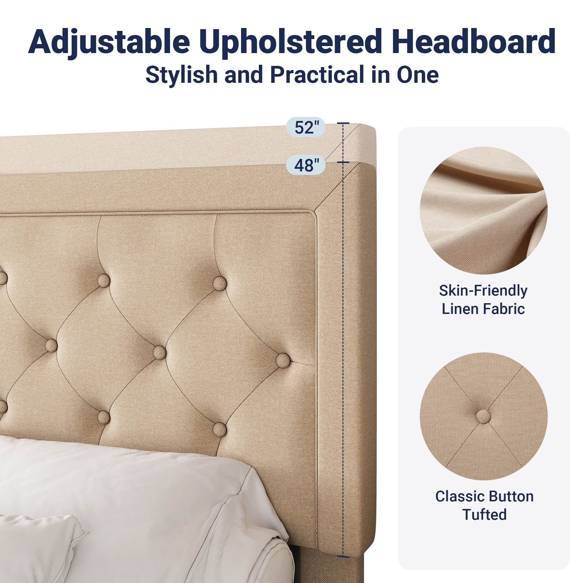 Allewie Full Size Button Tufted/Fabric Upholstered Bed Frame with Adjustable Headboard/Wood Slat Support/Mattress Foundation/Beige