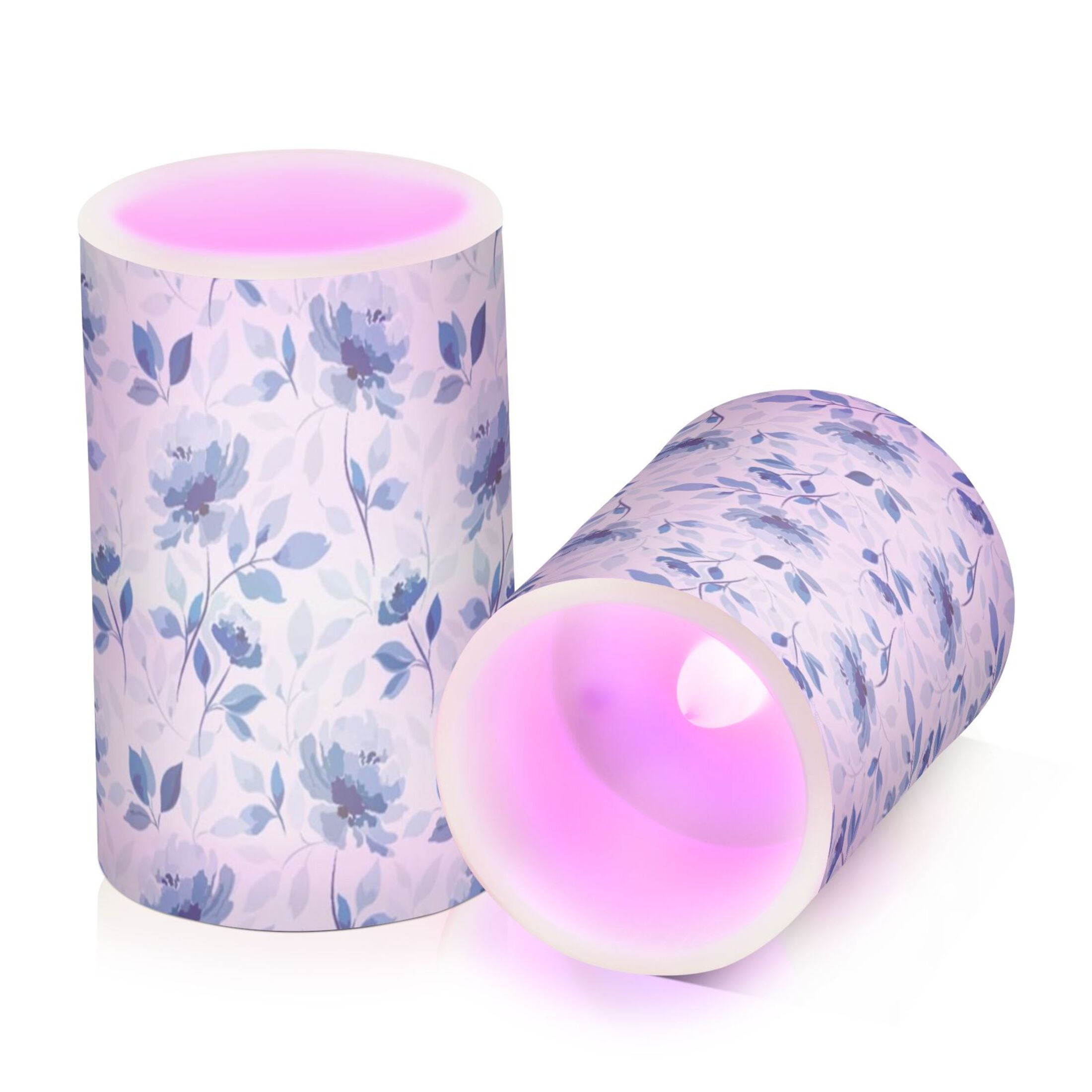 Blue Floral Flickering Flameless Candles Battery Operated with Remote Timer LED Pillar Candles Set of 2
