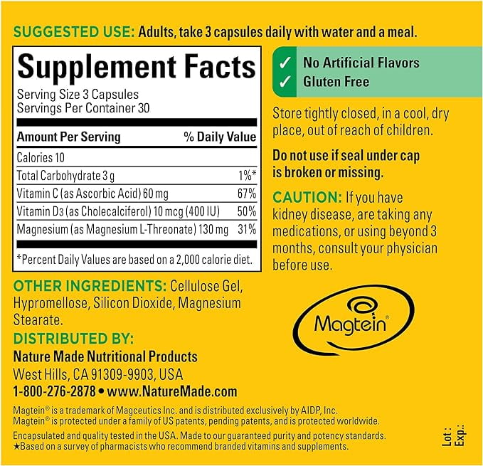 Nature Made Magnesium L-Threonate with Vitamin C & Vitamin D3, Provides 130 mg of Magnesium from 1800 mg Magnesium L Threonate, Cognitive Support Magnesium Supplement, 90 Capsules, 30 Day Supply