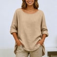 thumbnail image 2 of YANGXINX Women's Linen Long Sleeve Shirts Summer Trendy Lightweight Solid Crew Neck Pullover Tops Casual Loose Fit Comfy Loose Tunics, 2 of 5
